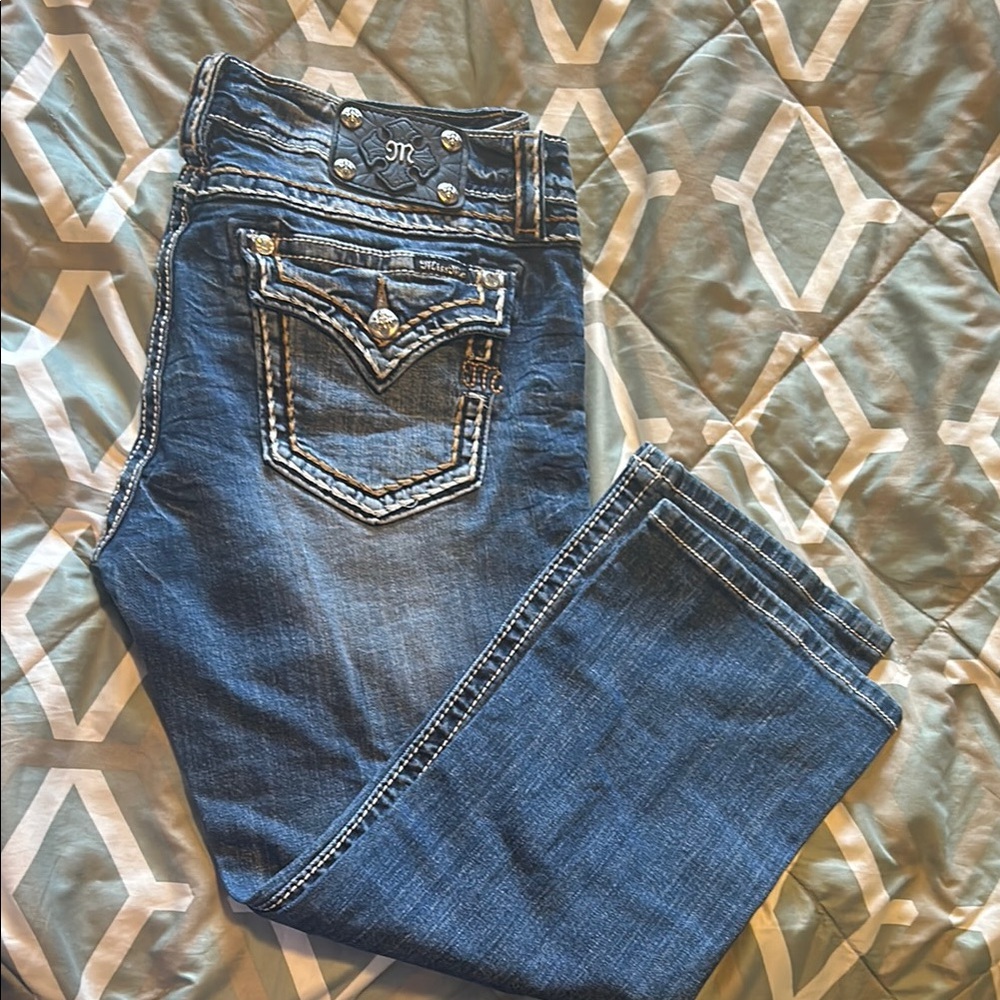 Miss Me Blue Ankle Cropped Jeans with Decorative Stitching